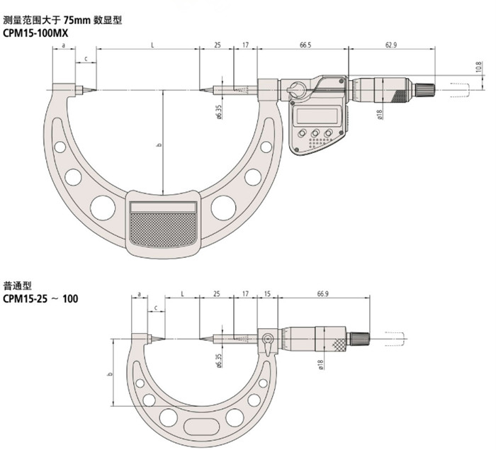 日本三豐尖爪千分尺342-251-30尺寸圖