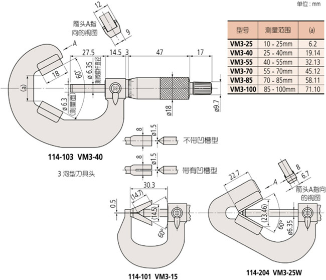日本三豐V型測砧千分尺114-102尺寸圖